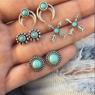 

Bohemian Retro Crescent Arrow Flower Totem Pine Stud Earrings 4 Pairs of Women