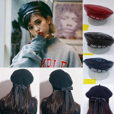 

New Womens Ladies PU Leather Beret Harajuku Wool Basque Beret Hat With Bowknot