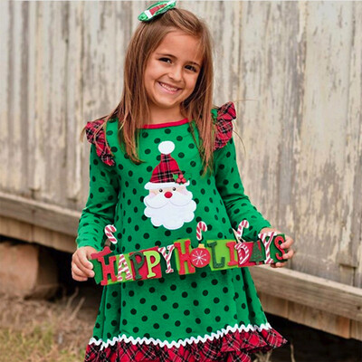 

Toddler Baby Girl Christmas Ruffles Long Sleeve Cartoon Print Dot Dress Clothes