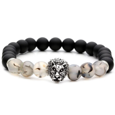 

Men Fashion Black Matte Lava Stone Silver Lion Beaded Cuff Charm Bangle Bracelet