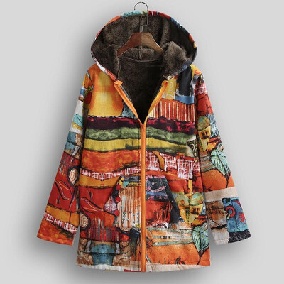 

Ethnic Women Jacket Colorful Graffiti Print Faux Fur Lining Hooded Neckline Long Sleeve Pockets Outerwear