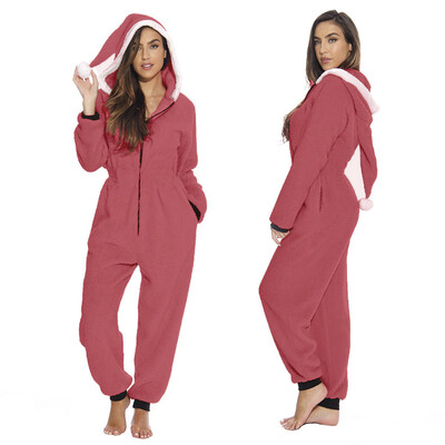 

Tailored Womens Christmas Casual Zip Hooded Plush Jumpsuit