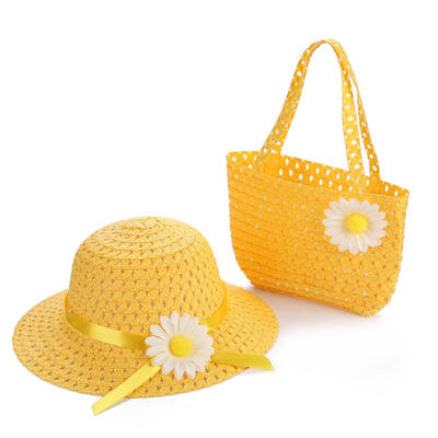 

2pcs Summer Sun Hat Girls Kids Straw Cap Beach Hats Tote Bag Flower Decor