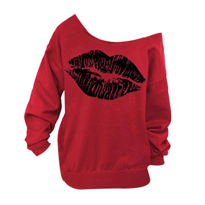 

Summer Women Sexy Clothes Boat Neck Casual Lips Long Sleeve T-shirt Tops