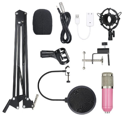 

BM800 Condenser Microphone Lit Pro Audio Studio Recording & Brocasting Adjustable Mic Suspension Scissor Arm Pop Filter