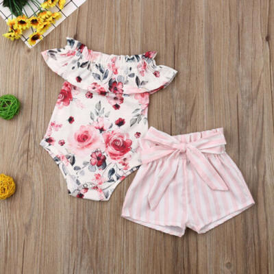 

Infant Kid Baby Girls Floral Romper Bow Striped Shorts Pants Outfit Summer 0-18M