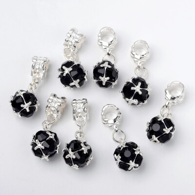 

Alloy European Dangle Pendants with Brass Rhinestone Silver Round Jet 27mm Hole 5mm