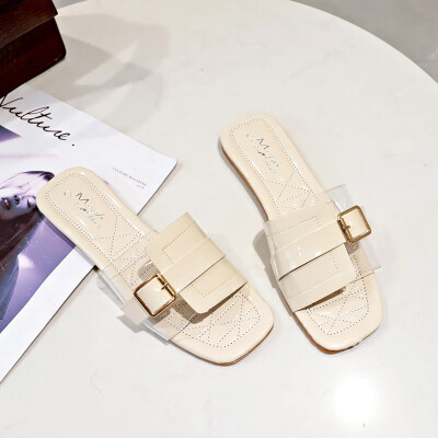 

South Korea east gate sandals&slippers fairy Feng Xia 2019 fashion splice new buckle transparent square head flat bottom drag