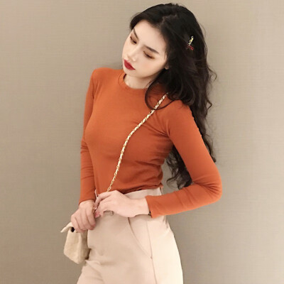 

Fashion Solid Color Round Neck Slimming Long-sleeved T-shirt Tight Bottom T-Shirts