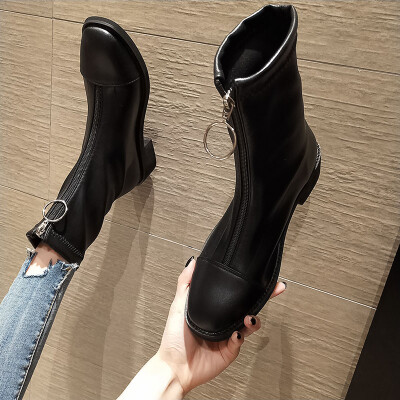 

Retro Martin Boots Female British Wind Autumn INS Handsome Front Zipper Shoes Coarse-heeled Locomotive Boots Tide