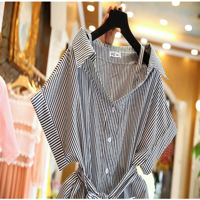 

Summer Korean new striped sweet word collar sling waist slimming bow off the shoulder shirt shirt women1