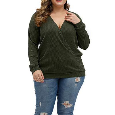 

Gobestart Plus Size Women V-Neck Long Sleeve Solid Wrap Deep Cross Pullover Blouse Tops