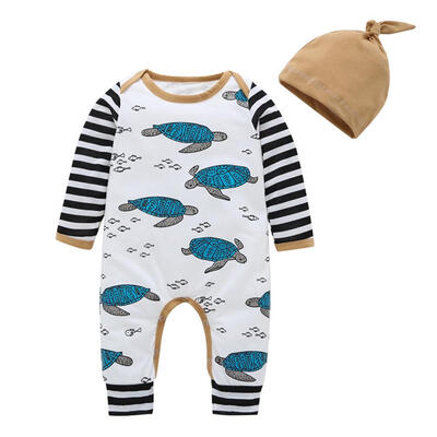 

2pcsSet Newborn Baby Cartoon Tortoise Long Sleeve Stripe Rompers Hat Suit