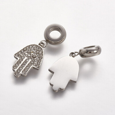 

304 Stainless Steel European Dangle Beads with Rhinestone Hamsa HandHand of FatimaHand of Miriam Stainless Steel Color