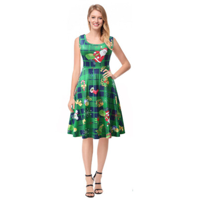 

Gobestart Women Christmas Print Floral Sleeveless Vintage Tea Ball Gown Dress Plus Size