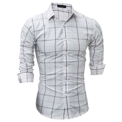 

Men\s Fashion Casual Plaid Long-Sleeved Slim Shirt