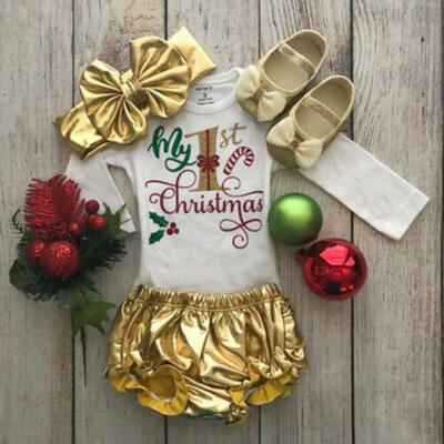 

UK Newborn Baby GirlMy 1st Christmas"Romper Ruffle Shorts Headband Outfits Set