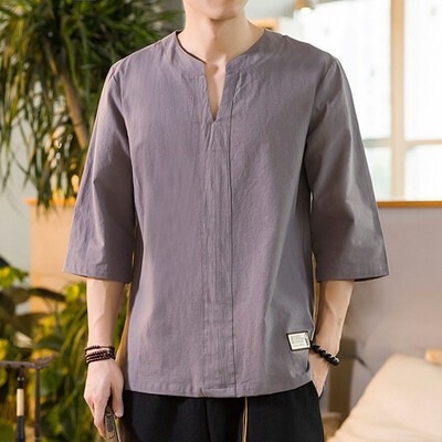 

Toponeto Mens Casual Cotton Linen Pure Color Loose V-Neck Short Sleeve T-shirt Tops