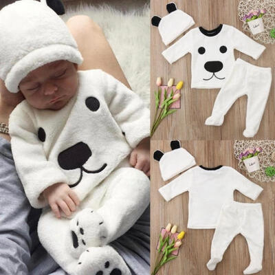 

Newborn Baby Girl Boy Long Sleeve Tops Pants Hat Outfits Set Fluffy Clothes