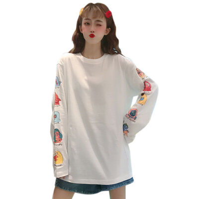 

Plus Size T-Shirt Women Cartoon Print Long Sleeve Loose T-Shirts Autumn Round Collar Casual Simple Wild TShirt