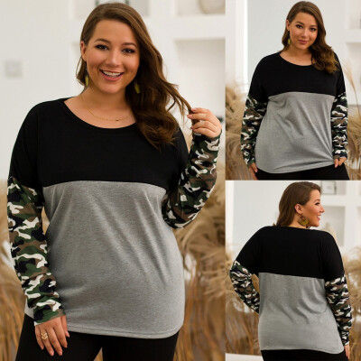 

Gobestart Womens Plus Size Casual Round Neck Camouflage Stitching Contrast Color Tops