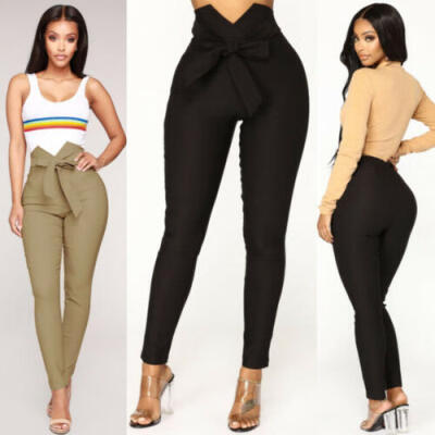 

Womens High Waist Casual Drawstring Elastic Long Pants Ladies Pencil Trousers