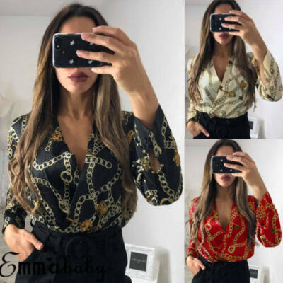 

UK Women Ladies Sexy Floral Tuxedo Wrap Over Satin Bodysuit Leotard Top Jumpsuit