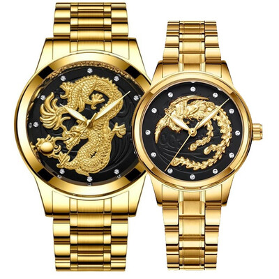 

2 pcs Fashion Dragon phoenix golden Watches Men Women Stainless Steel diamonds watch for Couples lovers gift quartz clock