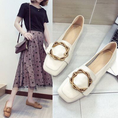 

Flat sole shoes female leather square head shallow mouth new belt buckle small leather shoes fashi