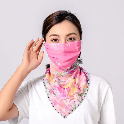 

19 summer sun protection neck chiffon mask female flowers antique elegant printing breathable mask square towel factory direct sales