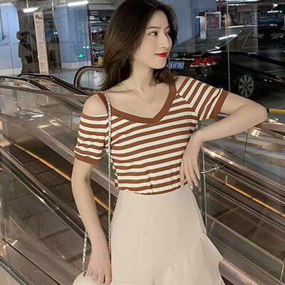 

tee shirt femme Womens Korean tshirt Casual Short Sleeve Cold Shoulder tshirt women V Neck Striped Slim Knitted T-Shirt