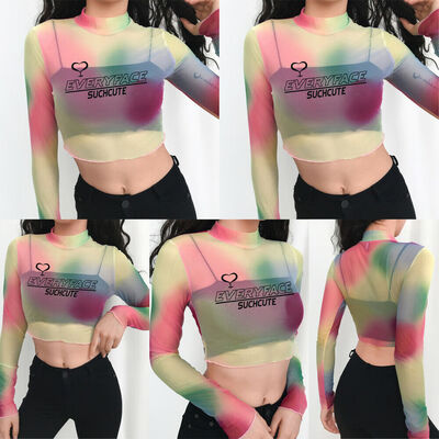 

Women Sheer Mesh Fish Net Long Sleeve Turtle Neck See Crop Top T-Shirt Blouse
