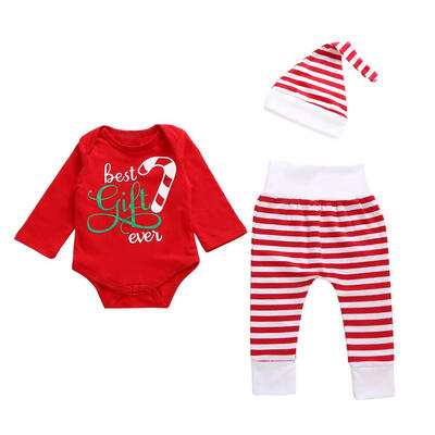 

3pcs Set Christmas Kids Clothes Cotton Letter Print Stripe RomperPantsCap