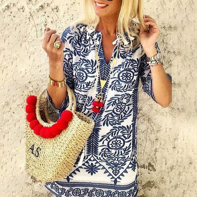 

Starmoon Womens Casual V-Neck Ethnic Print Half Sleeve Boho Dress Loose Mini Dresses