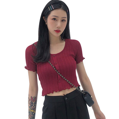 

Women T-Shirt Harajuku Knitted Short Sleeve Shirt Crop Top Unif Sexy Street Wear White Femme funny Summer T Shirt