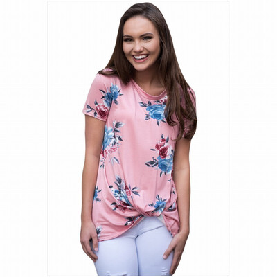 

White V-neck short-sleeved printed hem pleated design straight top T-shirt