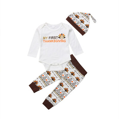 

Turkey Thanksgiving Infant Baby Boy Girl Romper Pants Hat Clothes Outfit Set