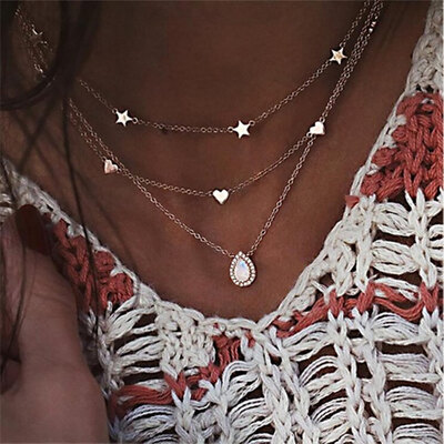 

Bohemian Multilayer Star Moon Pendant Necklace For Woman Fashion Geometric Charm Chain Choker Necklace 2019 Jewelry Wholesale
