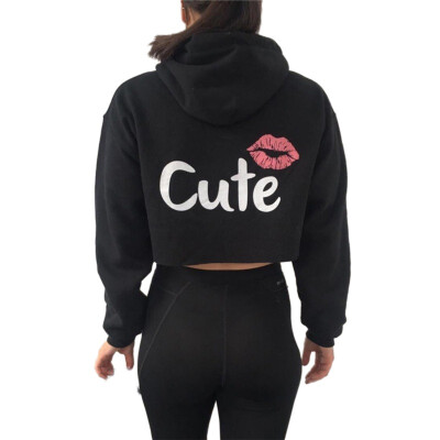 

Sexy Lip Letter Print Hoodies Women Super Cute Clothes Slim Short Pullovers Black Pink Hooded Jacket Long Sleeve Top Plus Size