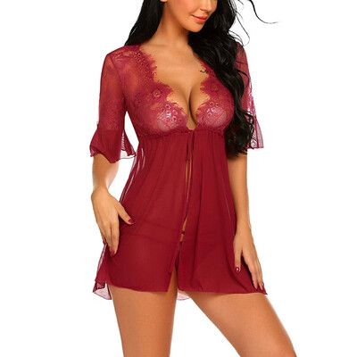 

Toponeto New Women Lingerie Open Front Babydoll Lace Chemise Sleepwear Sheer Mesh Robe