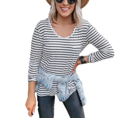 

Women Round Neck Striped T-Shirt Summer Lightweight Top With Pocket Slim Fit Top