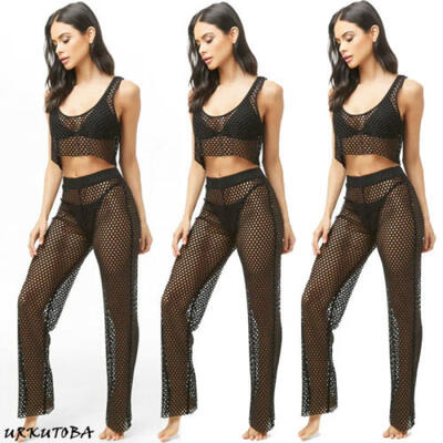 

Women Summer Hollow Bikini Swimwear Cover Up Crochet Beach Cropped Top Pants Set