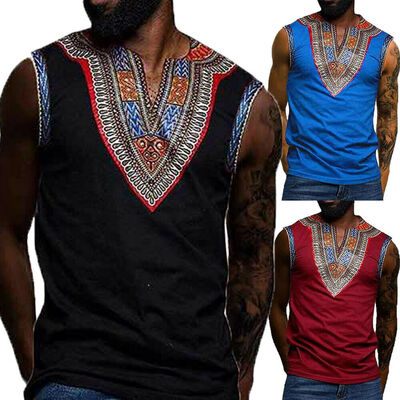 

Dashiki Mens Muscle Vest African Hippie pop Vintage Tops Haute Tribal Blouse