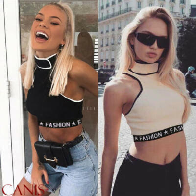 

Womens Turtleneck Sleeveless Crop Tank Straps Patchwork Bra Two Colors Tops New