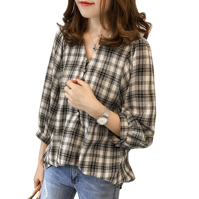 

Sexy Ladies Lattice Loose T Shirt Women V-Neck Plaid Print Three Quarter Lantern Sleeve Tops