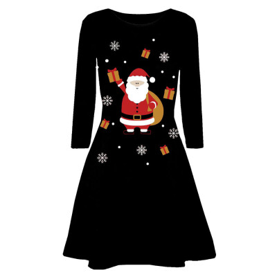 

Gobestart Women Christmas Printed Long Sleeve Evening Prom Costume Swing Dress