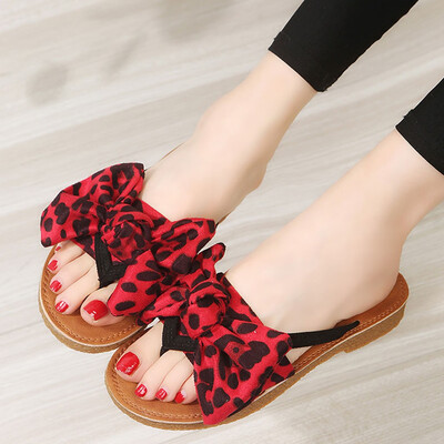 

Rose Summer Bow Leopard Print Beach Flip Flops Sandals Women Slippers Flat Sandals
