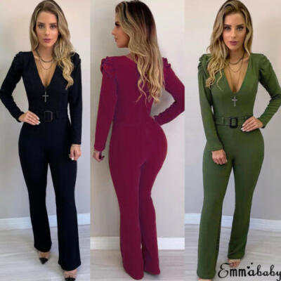 

Womens Autumn V Neck Casual Bodycon Jumpsuit Loose Wide Leg Pants Suit Playsuit