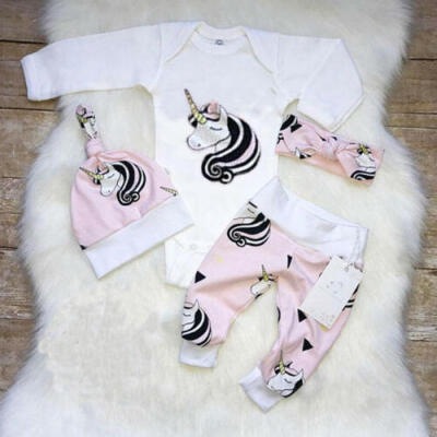 

UK 4Pcs Newborn Kid Baby Girl Unicorn Outfit Romper Pant Bodysuit Cotton Clothes