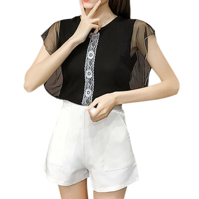 

Ladies Summer Sexy Mesh Stitching Perspective Short-sleeved Round Collar Bottoming Shirt Knit Tops